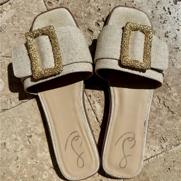 Sam Edelman Beige Linen Slide Sandals with Gold Buckle Inez - Picture 7 of 7